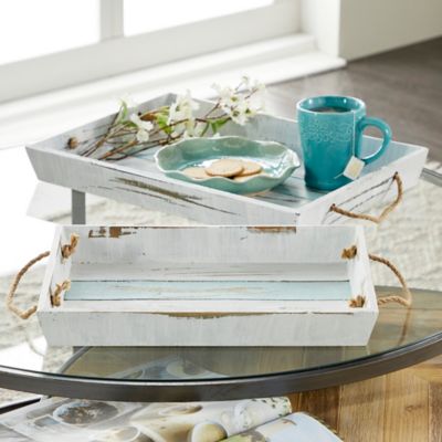 Harper & Willow White Wood Coastal Tray, Set of 2, 18 in., 15 in., 38711