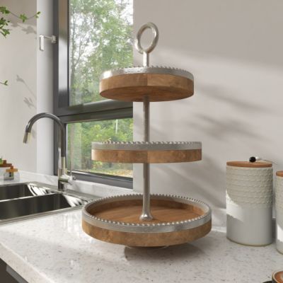 Harper & Willow Brown Mango Wood 3 Level Tiered Server with Silver Accents 14