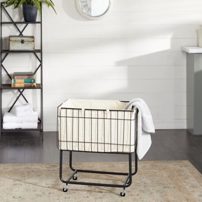 Harper & Willow Black Metal Deep Set Wire Basket Storage Cart with Wheels and Fabric Lining 24" x 16" x 26"