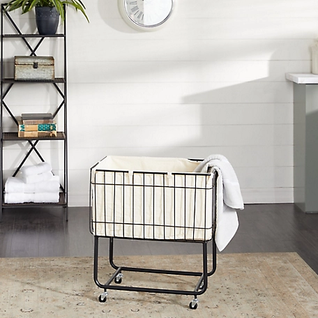Harper & Willow Black Metal Deep Set Wire Basket Storage Cart with Wheels and Fabric Lining 24" x 16" x 26"