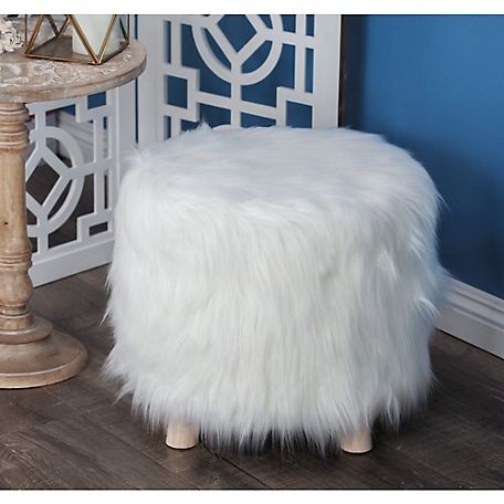 Harper & Willow White Polyester Stool with Faux Fur 19 in. x 19 in. x 16 in.