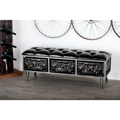 Harper & Willow Black Wood Storage Bench with Tufted Faux Leather 48" x 16" x 18"