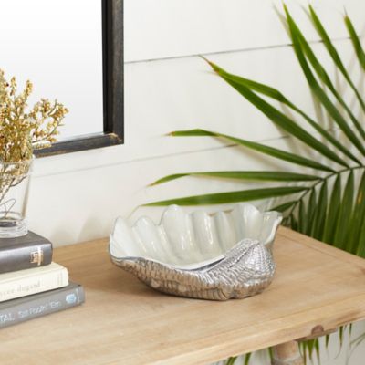 Harper & Willow Shell Serving Bowl with Enamel Interior, 12 in. x 9 in. x 3 in., White