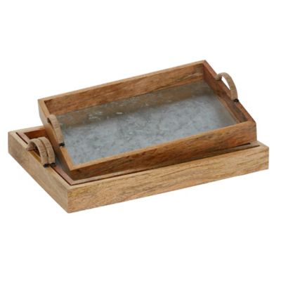 Image showing  Brown Wood Tray with Galvanized Interior Set of 3 15 in., 16 in., 17 in.W