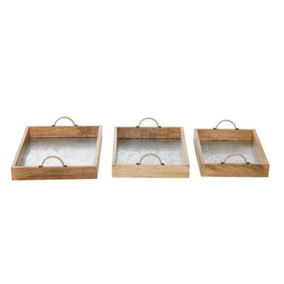 Image showing  Brown Wood Tray with Galvanized Interior Set of 3 15 in., 16 in., 17 in.W