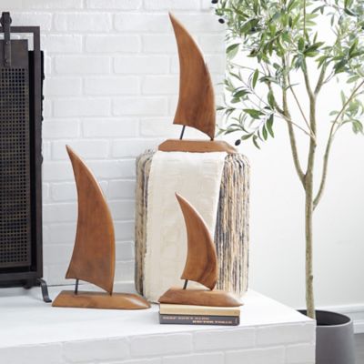 Harper & Willow Teak Wood Coastal Sail Boat Sculpture, 20 in., 17 in., 13 in., Brown, 3 pc.