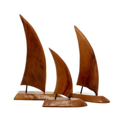 Image showing  Teak Wood Coastal Sail Boat Sculpture, 20 in., 17 in., 13 in., Brown, 3 pc.