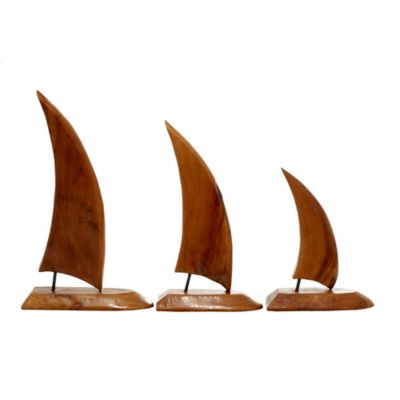 Image showing  Teak Wood Coastal Sail Boat Sculpture, 20 in., 17 in., 13 in., Brown, 3 pc.