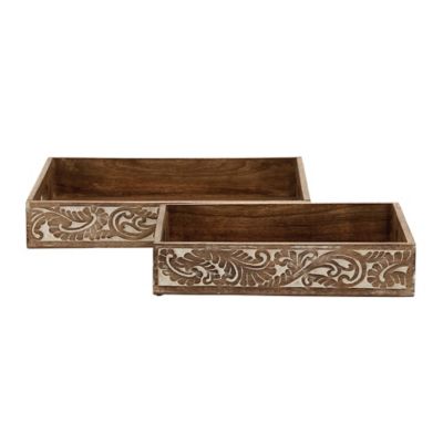 Image showing  Brown Mango Wood Tray with Carved Sides Set of 2 18 in. , 15 in. W