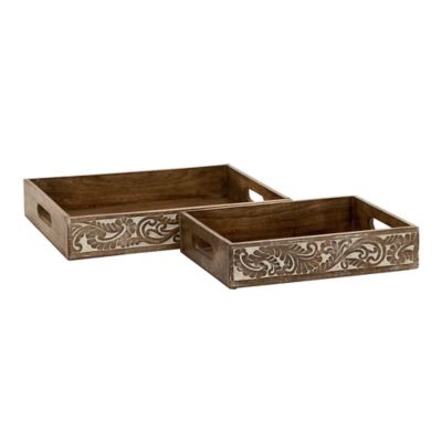 Image showing  Brown Mango Wood Tray with Carved Sides Set of 2 18 in. , 15 in. W