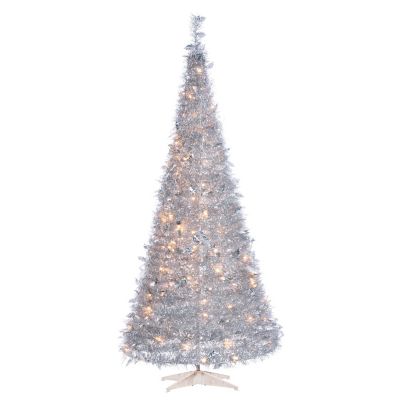 Sterling 7.5 ft. High Pop Up Pre-Lit Silver Tinsel Tree with 250 Warm White Lights