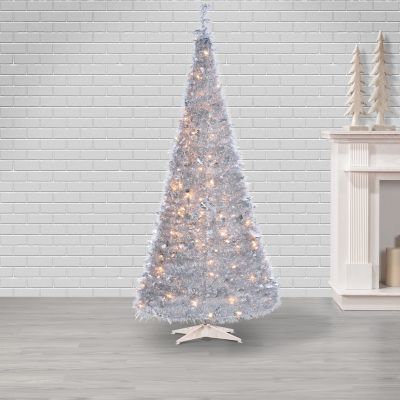 Image showing  7.5 ft. High Pop Up Pre-Lit Silver Tinsel Tree with 250 Warm White Lights