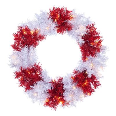 Sterling 24 in. Diameter Pre-Lit Red and White Wreath with 50 Battery Operated LED Clear and Multicolor Lights