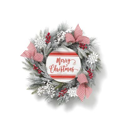 GIL 24 in. White Holiday Pine and Ornament Wreath with Berries and Sign