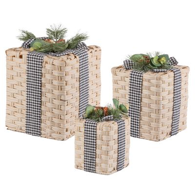 GIL Nested Woven Boxes with Pine and Bow Accents Decor, 3-Pack