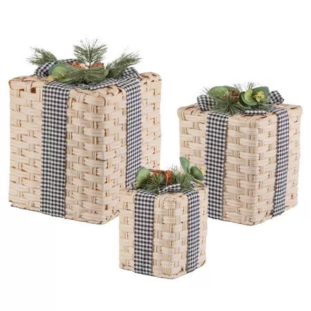 GIL Nested Woven Boxes with Pine and Bow Accent Decor Pack of 3. Christmas Pillows & Blankets