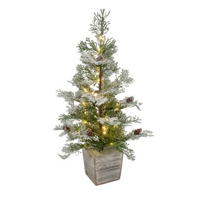 GIL 26 in. Lightly Flocked Pine Tree in Wooden Box with LED White Lights and Timer