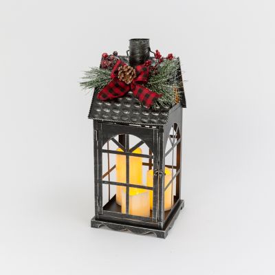 GIL 18.9 in. Metal Holiday Lantern with LED Candles and Floral Accent