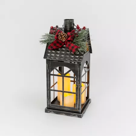 GIL 18.9" Metal Christmas Lantern with LED Candles and Floral Accent Flameless Candles