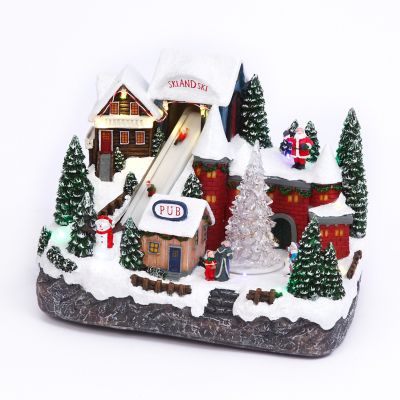 GIL 12 in. Lighted Musical Holiday Ski Village with Moving Tree
