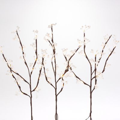 Everlasting Glow 23.62 in. Pre-Lit Brown PVC Wrapped Branches with White Berries, 60 LED Lights, 3-Pack