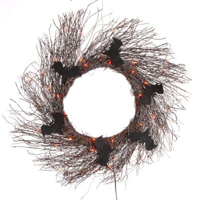 Everlasting Glow 19.68 in. Black Glitter Twig Halloween Wreath with Black Bats and Orange Lights