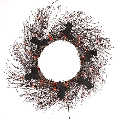 Everlasting Glow 19.68 in. Black Glitter Twig Halloween Wreath with Black Bats and Orange Lights