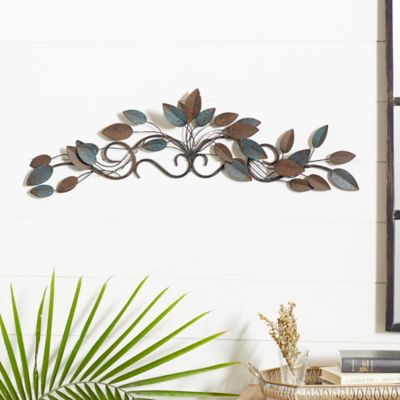 Harper & Willow Blue Metal Traditional Leaves Wall Decor, 35 in. x 10 in.