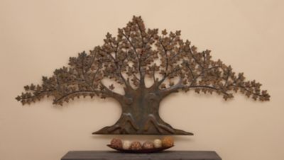 Harper & Willow Dark Brown Metal Indoor Outdoor Tree Wall Decor with Leaves, 92 in. x 42 in. x 1 in.