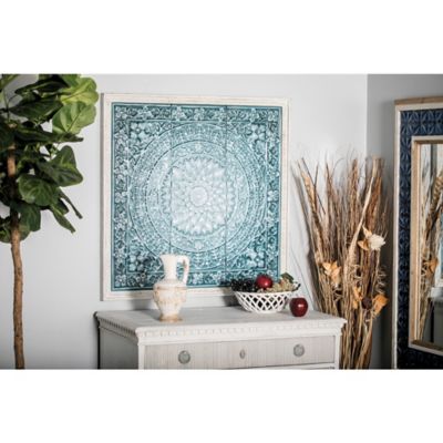 Harper & Willow Blue Metal Scroll Wall Decor with Embossed Details, 33 in. x 2 in. x 34 in.