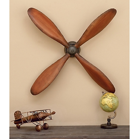 Harper & Willow Dark Brown Metal 4-Blade Airplane Propeller Wall Decor with Aviation Detailing, 32 in. x 5 in. x 32 in.