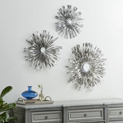 Harper & Willow Silver Metal Sunburst Wall Decor with Mirror Accent, 22 in., 27 in., 18 in., 3 pc.