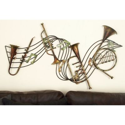 Harper & Willow Brown Metal Musical Notes Wall Decor with Trumpets, 39 in. x 22 in.