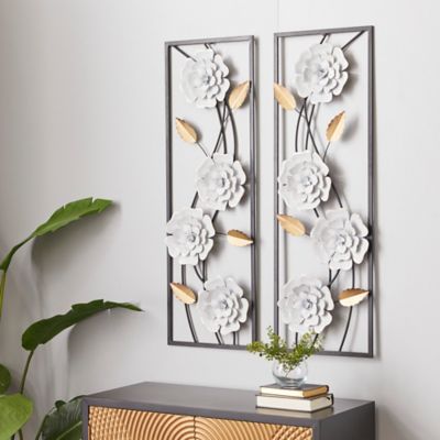 Harper & Willow White Metal Contemporary Flowers Wall Decor, 12 in., 36 in., 2 pc.