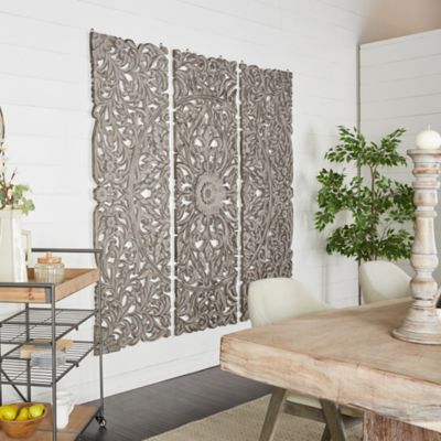 Harper & Willow Gray Wood Handmade Intricately Carved Floral Wall Decor with Mandala Design, 72 in. x 24 in., 3 pc.