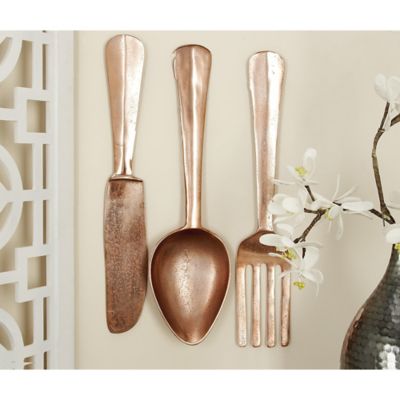 Harper & Willow Gold Aluminum Knife Spoon and Fork Utensils Wall Decor Set, 7 in. x 23 in., 3 pc.