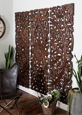Harper & Willow Brown Wood Handmade Intricately Carved Floral Wall Decor with Mandala Design, 24 in. x 2 in. x 71 in.