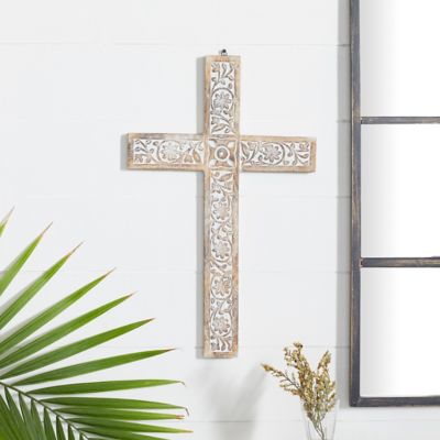 Harper & Willow Brown Mango Wood Traditional Religious/Spiritual Wall Decor, 15 in. x 1 in. x 24 in., Gray