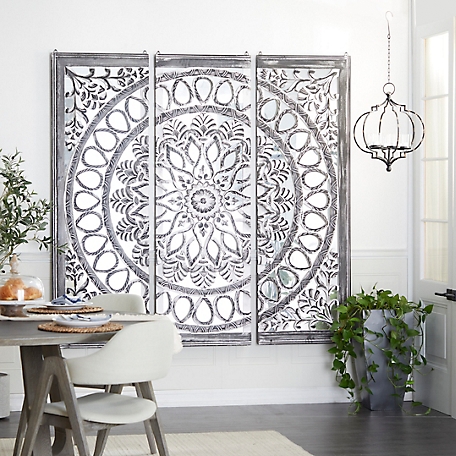 Harper & Willow Black Wood Handmade Carved Mandala Floral Wall Decor with Mirrored Back Frame, 72 in. x 24 in., 3 pc.