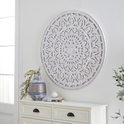 Harper & Willow White Wood Traditional Flowers Wall Decor, 36 in. x 1 in. x 36 in.