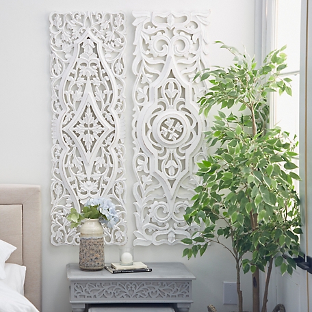 Harper & Willow White Wood Handmade Intricately Carved Arabesque Floral Wall Decor Set of 2 16"W, 48"H