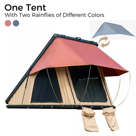 Trustmade Scout Max Triangle 2 Person Aluminum Car Roof Top Tent with Black Hard Shell and Beige Red Fabric 84" x 52" Truck Bed Tents & Awnings