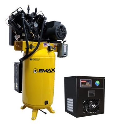 EMAX 7.5HP 80G Industrial 2-Stg 1PH V4 Pressure Lubricated Pump 31CFM @100PSI, Silent Air Compressor & 30CFM 115V Dryer