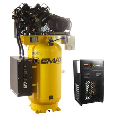 EMAX 7.5HP 80G Industrial 2-Stg 1PH V4 Pressure Lubricated Pump 31CFM @100PSI, Silent Air Compressor & 30CFM 115V Dryer