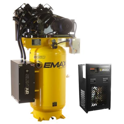 EMAX 10 HP 80 gal. 2-Stage Industrial V4 Pressure Lube Pump Silent Air compressor and 58 CFM Dryer, 175 PSI, 3-Phase