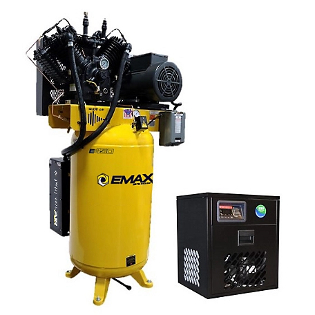 EMAX 10 HP 80 gal. 2 Stage 3 Phase Industrial V4 Pressure Lube Pump 38 CFM at 100PSI Silent Air compressor and 58 CFM Dryer