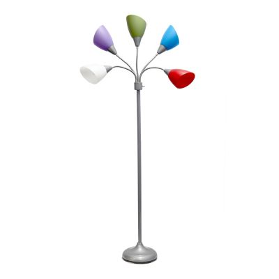 Simple Designs 10 in. 5 Light Adjustable Gooseneck Floor Lamp, Silver Base, White, Blue, Purple, Green, Red Shades