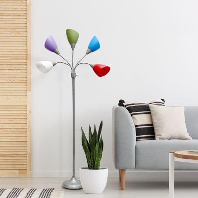 Simple Designs 10 in. 5 Light Adjustable Gooseneck Floor Lamp, Silver Base, White, Blue, Purple, Green, Red Shades