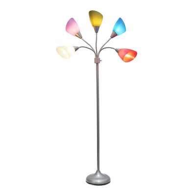 Image showing  5-Light Adjustable Gooseneck Floor Lamp, 67 in., White/Blue/Purple/Green/Red Shades, Silver