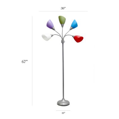 Image showing  5-Light Adjustable Gooseneck Floor Lamp, 67 in., White/Blue/Purple/Green/Red Shades, Silver